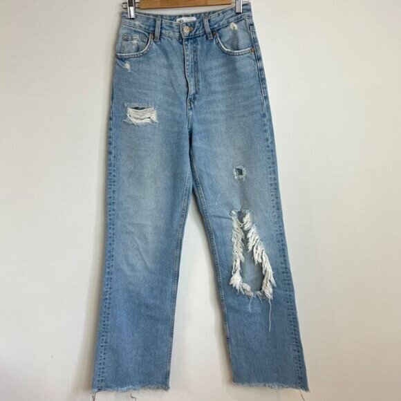 Zara Women's Size 4 Destroyed Distressed Wide Leg Light Wash Blue Jeans Grunge - Picture 2 of 16